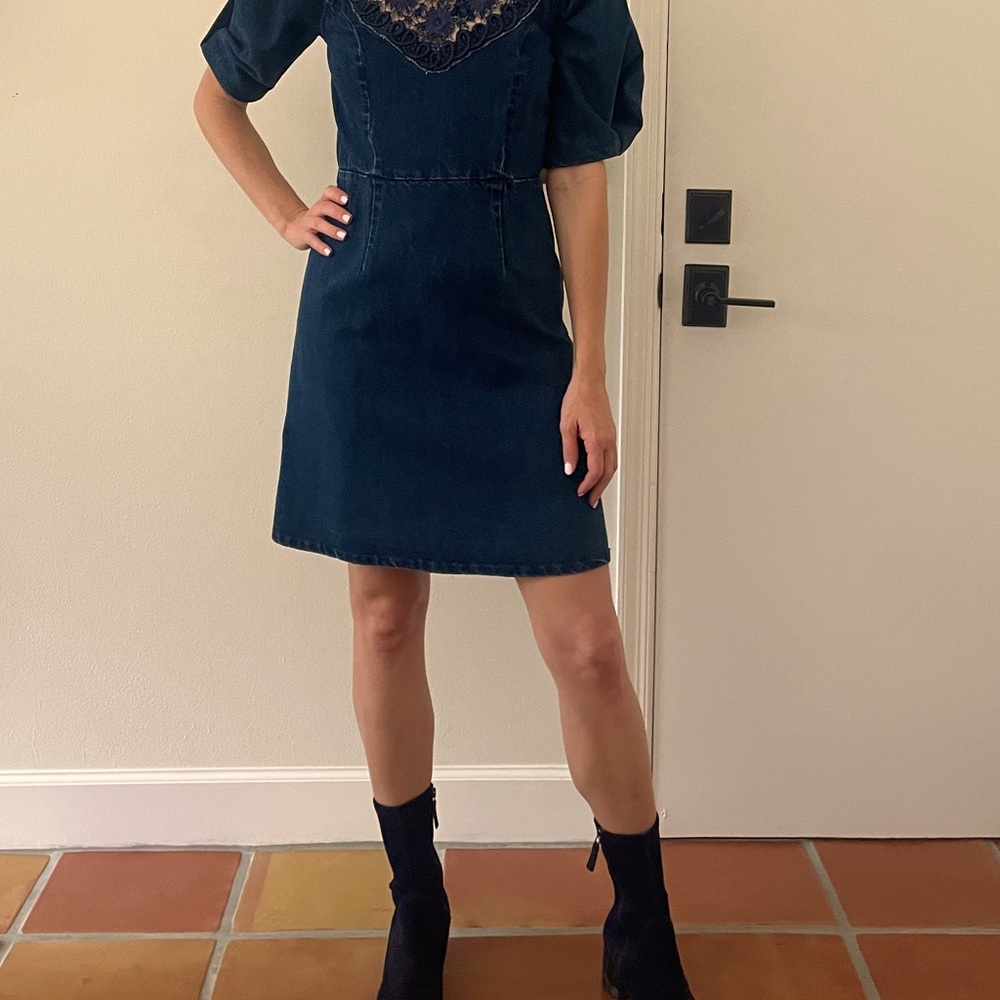 Sea New York denim dress with lace front and puff sleeve. Size 4.